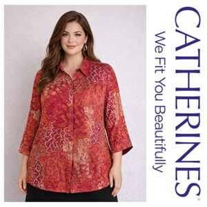 Catherines Pink Orange Paisley Button Down 3/4 Sleeve Blouse Shirt Plus Size 2X